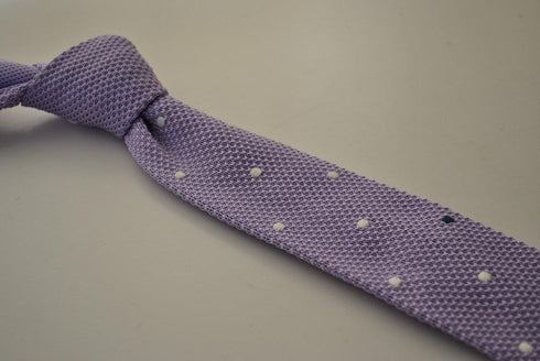 lavender purple skinny knitted tie with white polka dots